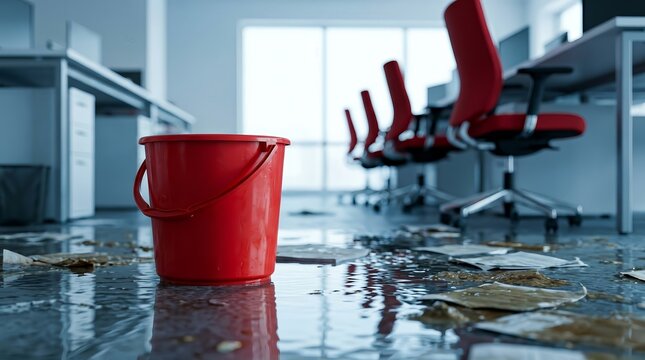 Flooded office interior showing a red bucket collecting water amidst debris, desks, and chairs after destruction.