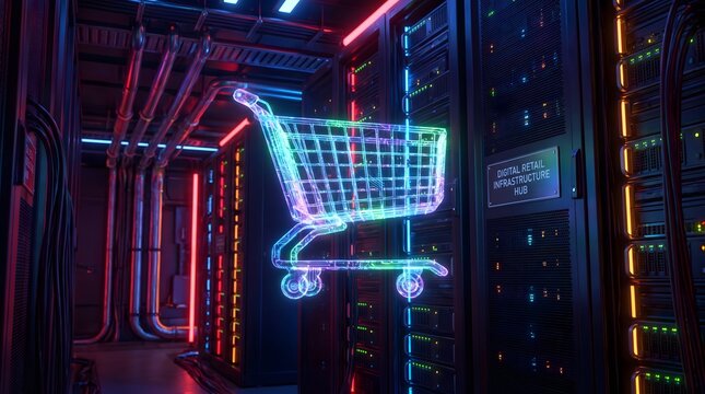 Neon holographic shopping cart floating inside dark server room with between server racks glowing holographic neon lights infrastructure technology