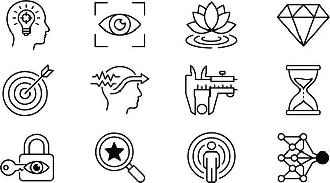 Business core values mindfulness precision metrics focus and strategic consumer insight linear web icon set