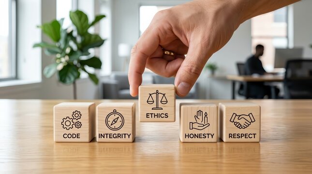 Concepts of ethics, integrity, and honesty represented by wooden blocks for a code of conduct.