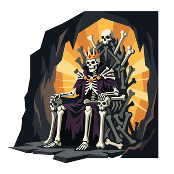 Skeleton king sitting on bone throne in dark cave.