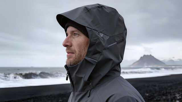 Profile Portrait Of Young Aleut Man In Winter Parka On Alaska Beach