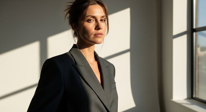 Side view profile portrait of stylish woman in grey blazer illuminated by soft window light.