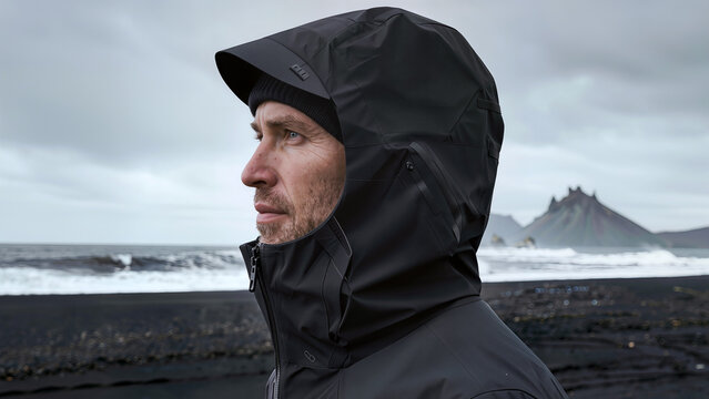 Profile Portrait Of Young Aleut Man In Winter Parka On Alaska Beach
