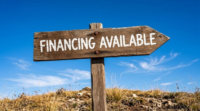 Financing available text on an outdoor wooden signpost for loan accessibility and business credit.