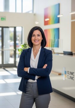 Professional businesswoman standing with arms crossed in modern clinic reception area.