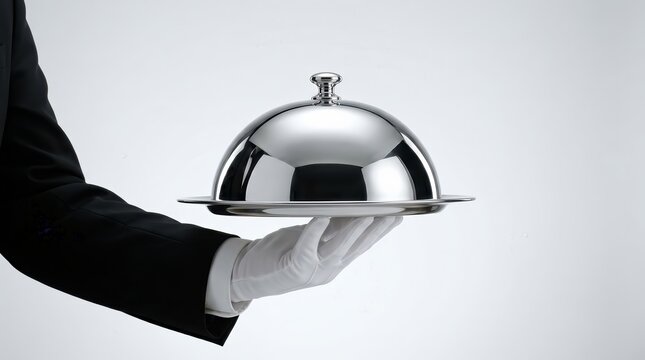 A hand in white glove holds a silver food cloche on a plate for a fine dining experience at a restaurant.