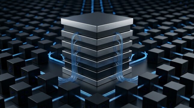 Secure data architecture and data governance represented by a central cube within a uniform cube grid.