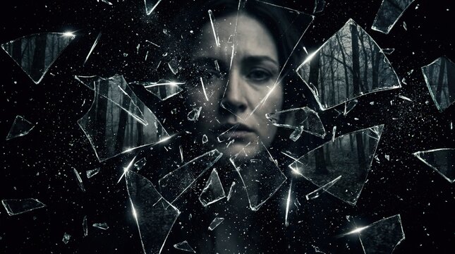 Womans face fractured into broken glass with dark forest background representing mental breakdown