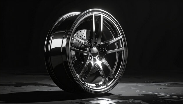 Chrome alloy wheel with disc brake on black background