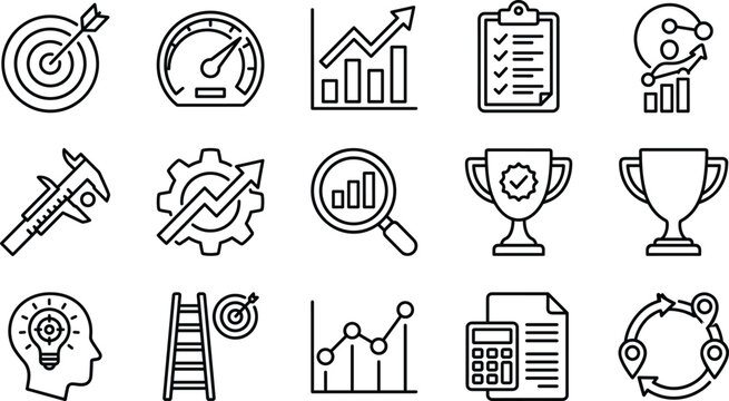 Business performance optimization and benchmarking line icon set for goal setting strategic growth and data tracking