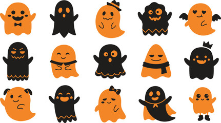Fototapeta premium Set of cute cartoon ghosts and pumpkins for halloween celebration decorations and festive holiday design elements