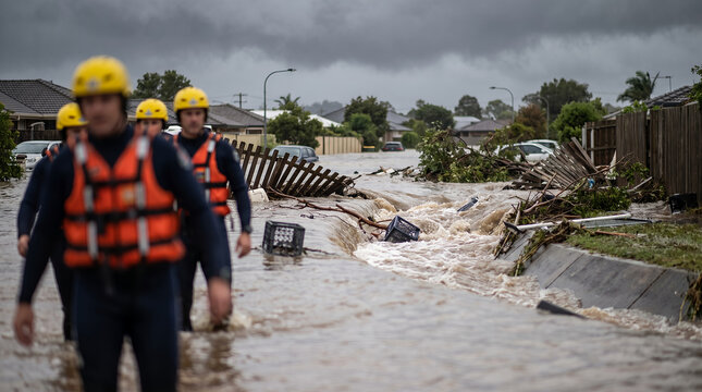 Emergency responders walking through flooded street during storm  