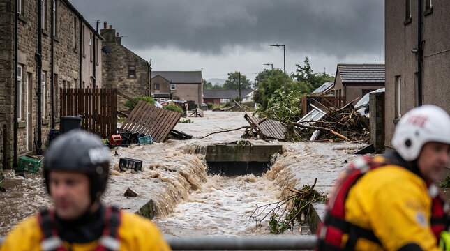 Rescuers assessing flood damage in a devastated neighborhood  