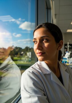 Female Researcher Looking Out Sunlit Window