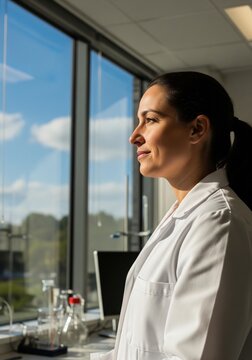 Female Scientist Looking Out Laboratory Window