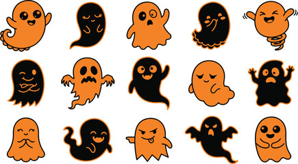 Fototapeta premium Set of cute hand drawn ghosts in orange and black colors for halloween party decoration and design elements