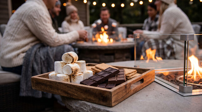Group of friends enjoying s'mores by the fire outdoors at night  