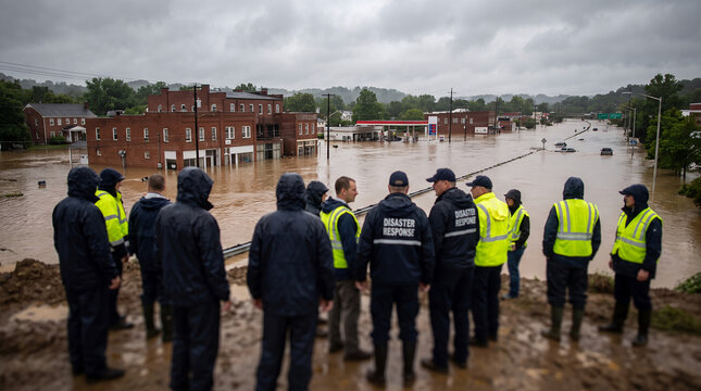 Emergency responders assessing flood damage in submerged town  