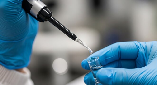 Close-up of scientist hands in blue gloves using a micropipette to fill a small tube in a lab.