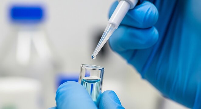 Macro close-up of a scientist in blue gloves dropping liquid into a small vial with a pipette.