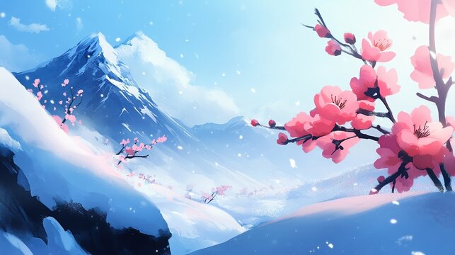 A serene winter landscape featuring snow-capped mountains and blooming cherry blossom trees, perfect for nature-themed projects, seasonal promotions, or tranquil backgrounds,