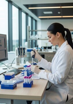 Female researcher using an automatic pipette to transfer liquids into test tubes at a laboratory desk.