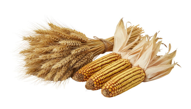 Rustic corn cobs and wheat bundle, golden dried grain harvest still life, autumn farm food and agriculture concept isolated PNG with Transparent Background