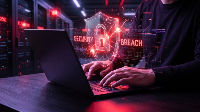 Cybersecurity Protection Concept with Laptop, Human Hands and Neon Digital Shield