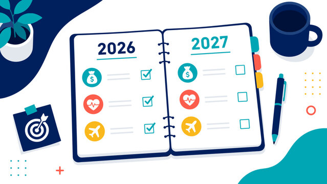 Open planner shows 2026 to 2027. Icons symbolize goals, finances, travel, and health. Blue mug and pen hint at daily planning. Plant and target add focus and growth. Perfect for productivity