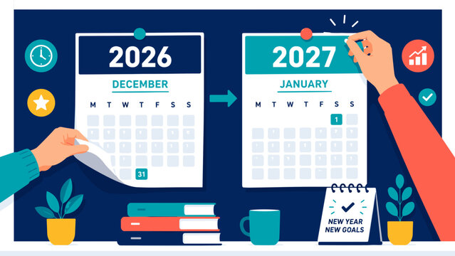 Hands flip a calendar from December 2026 to January 2027. New year begins with fresh goals and renewal. Checkmark symbolizes commitment to progress. Books, coffee, and plants add cozy, organized feel