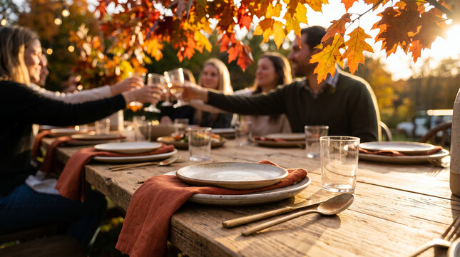 Group of friends toasting with drinks at a rustic outdoor table  