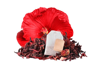 Red hibiscus flower with tea bag and dried hibiscus petals isolated on transparent background PNG © Julie