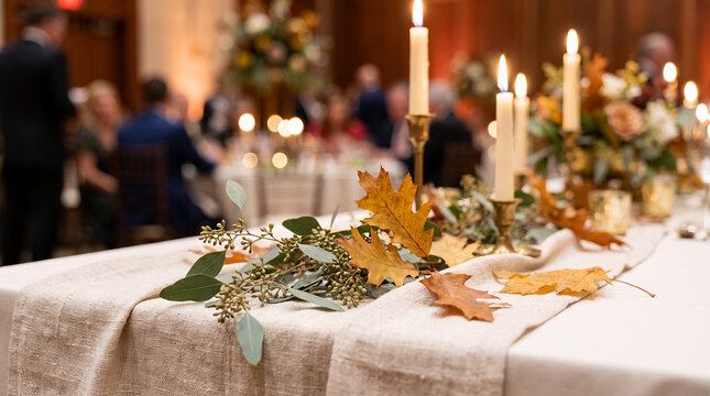 Elegant dining table adorned with autumn leaves and candles  