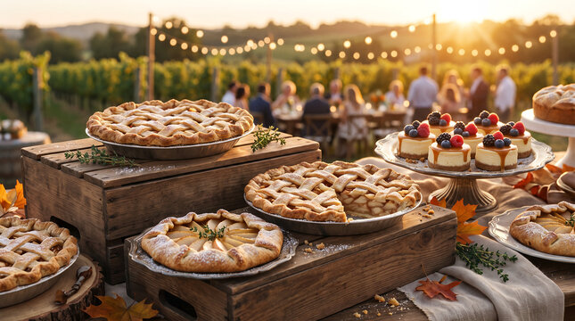 Delicious pies and desserts arranged on tables at sunset in vineyard  