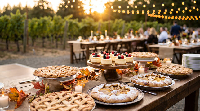Outdoor catering setup with assorted desserts at sunset in vineyard  
