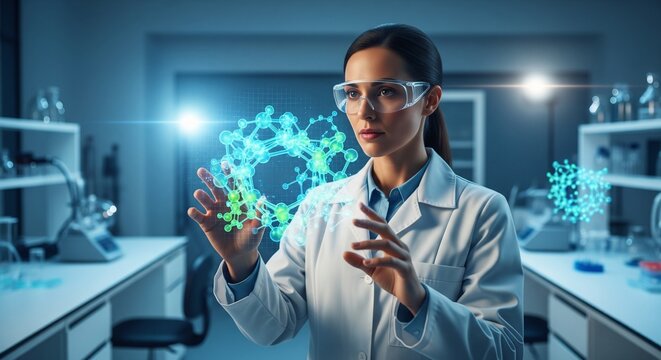 Female researcher studying glowing molecular structure in futuristic lab