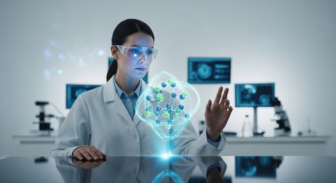 Female scientist analyzing 3D molecular structure hologram in modern laboratory