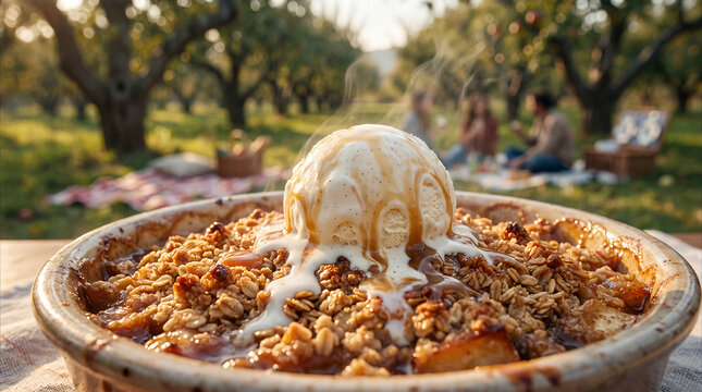 Warm apple crisp with melting ice cream in orchard during picnic  