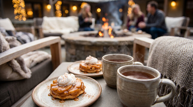 Warm pancakes and tea served by a cozy fire pit in winter gathering  