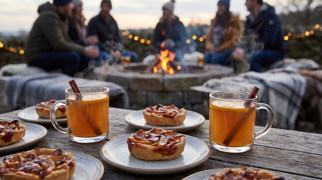 Friends enjoying cozy outdoor gathering around fire with desserts  