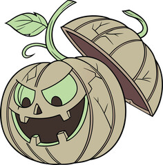 Cute Happy Cartoon Halloween Pumpkin with Green Leaves Smiling Orange Autumn Harvest Vector Illustration Character Design for Seasonal Holiday Food and Nature Art © SmMilon