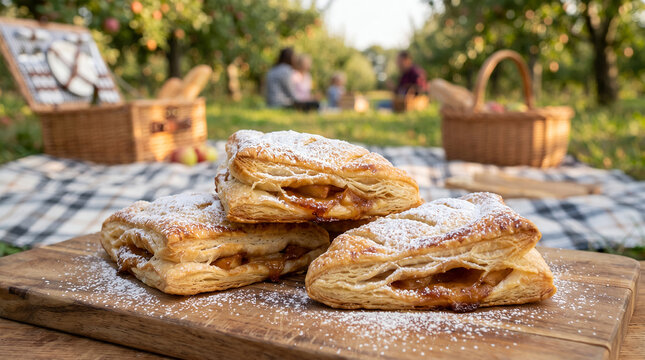 Freshly baked pastries stacked on a wooden board in orchard setting  