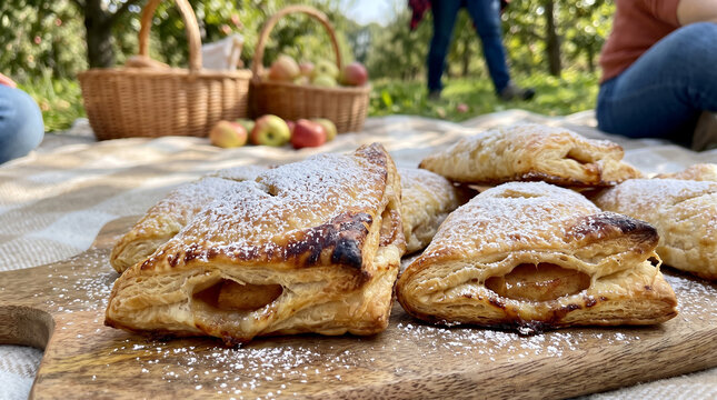 Fresh apple pastries served on wooden board in orchard setting - Concept of catering  