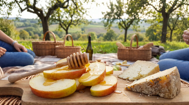 Fresh apples and cheese on a picnic table in orchard setting  