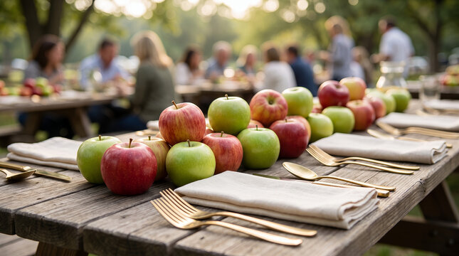 Fresh apples arranged on table with golden cutlery for catering  