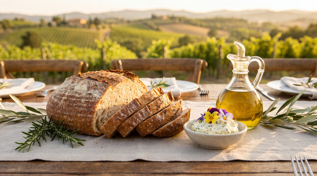 Sliced bread and olive oil on a rustic table in vineyard setting  