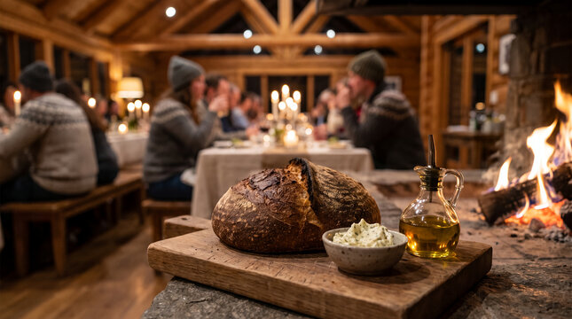 Bread on wooden board with butter and olive oil at cozy dining scene  