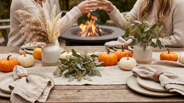 Two women toasting at a cozy outdoor table with pumpkins and fire  