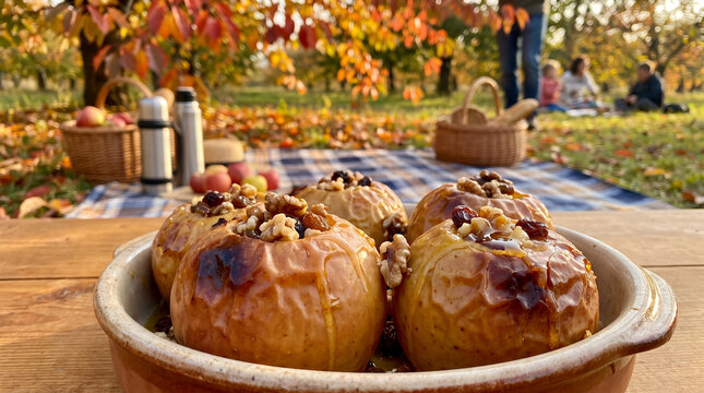 Baked apples with nuts on wooden table in autumn picnic setting  
